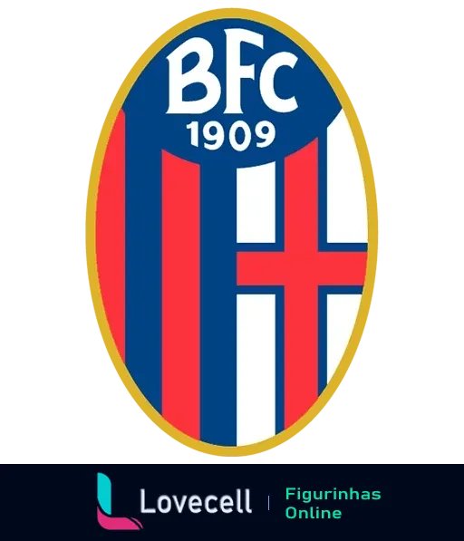 Escudo do Bologna Football Club, fundado em 1909. Símbolo oval com listras verticais azuis e vermelhas e cruz branca, representando o time italiano.