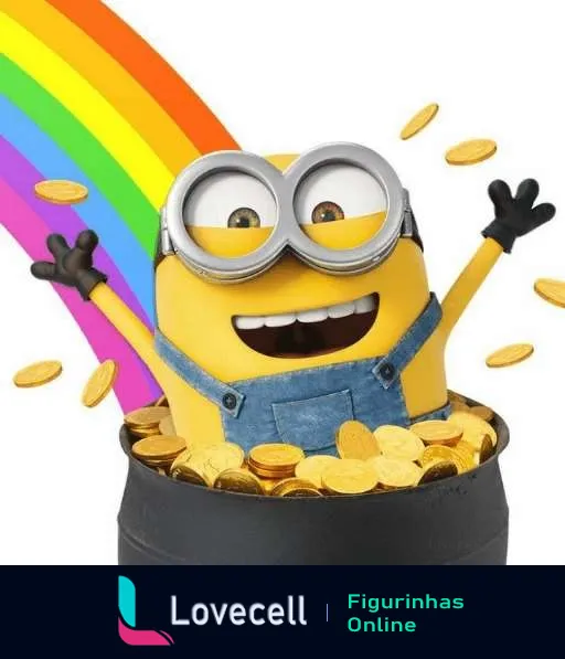 Minion feliz emergindo de um pote de moedas de ouro com um arco-íris ao fundo, expressando alegria e sucesso