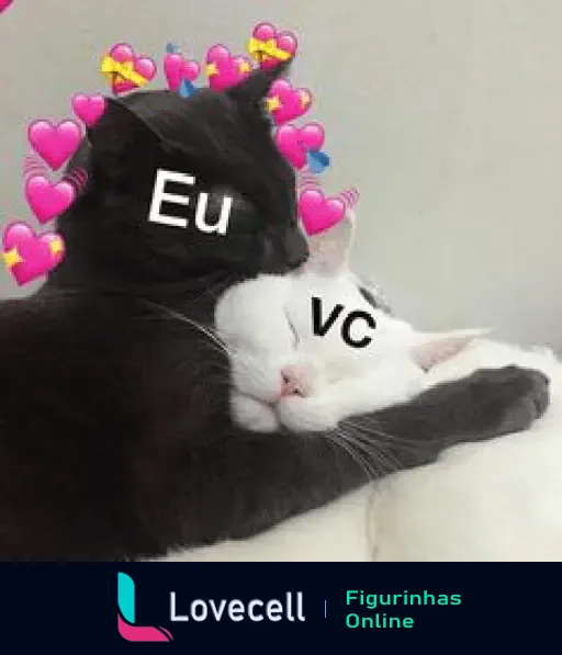 Dois gatinhos fofos se abraçando, um preto com corações e o texto 'Eu', e um branco com o texto 'VC'.