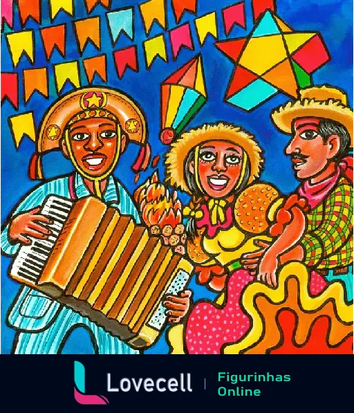 Figurinha de Festa Junina com trio de músicos e dançarinos em traje típico, bandeirinhas coloridas ao fundo.