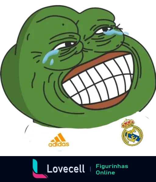 Imagem de um meme famoso do Pepe the Frog rindo, vestindo camisa do Real Madrid com logotipo da Adidas e Real Madrid ao lado.