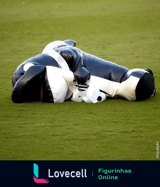 Boneco inflável de jogador de futebol caído no campo, com uniforme azul e branco