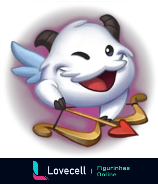 Emoji de um Poro de League of Legends com asas e arco de Cupido, piscando e sorrindo, pronto para disparar uma flecha do amor.