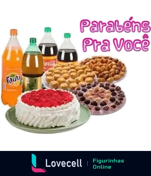 Figurinha de feliz aniversário com doces, bolos e refrigerantes. Inclui uma mensagem de parabéns, perfeita para enviar em festas.