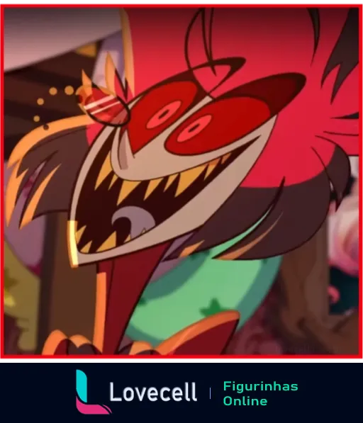 Personagem do Hazbin Hotel exibindo uma expressão demoníaca com olhos vermelhos e sorrisão ameçador.