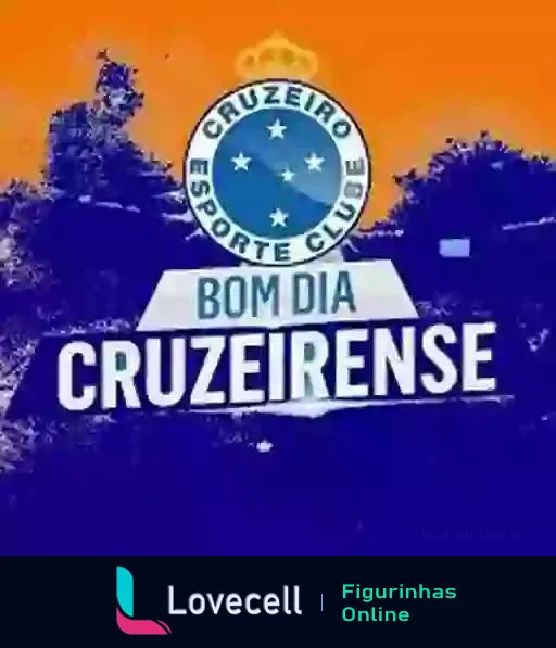 Figurinha com escudo do Cruzeiro Esporte Clube em tons de laranja e azul, texto 'Bom Dia Cruzeirense' para cumprimentar torcedores