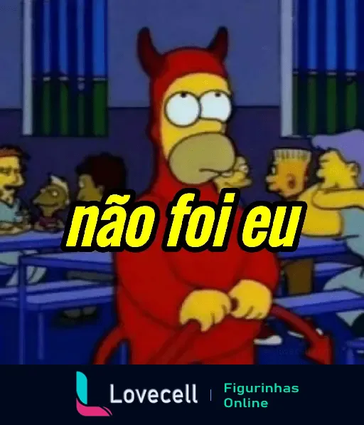 Personagem de Os Simpsons vestido como diabo com a legenda 'não foi eu'. Cena acontece em refeitório com outros personagens ao fundo.