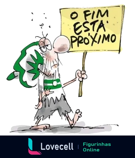 Caricatura em figurinha com túnica segurando escudo do Atlético PR e cartaz amarelo 'O FIM ESTÁ PRÓXIMO', indicando uma previsão dramática para o time