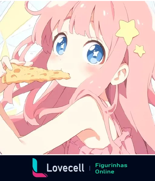 Ilustração de garota anime kawaii com cabelos rosas e grandes olhos azuis, segurando uma fatia de pizza, estrelas no cabelo. Pasta: 🧿Anime Kawaii.