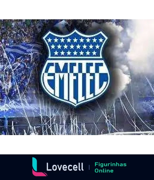 Figurinha do escudo do Emelec com design vibrante em azul e branco, rodeado por fumaça e o nome 'EMELEC' em destaque no centro