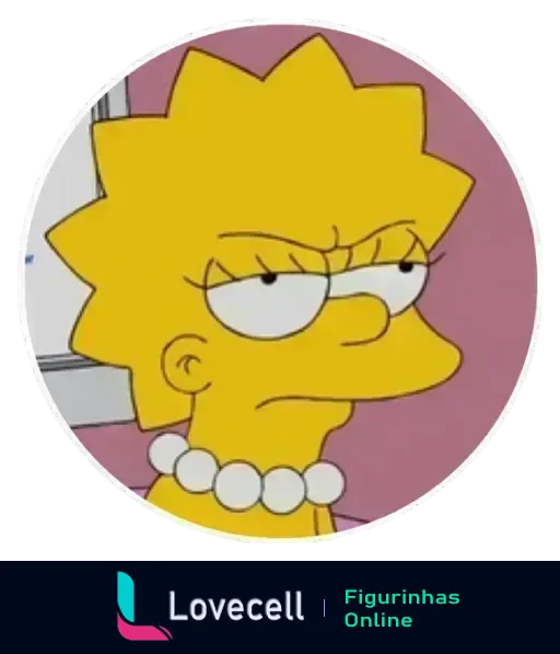 Lisa Simpson descontente com expressão facial séria e sobrancelhas franzidas, demonstrando uma atitude pensativa e desaprovadora