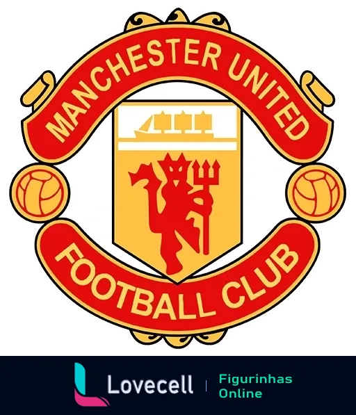 Figurinha do escudo do Manchester United com diabo vermelho segurando tridente, bolas de futebol e faixa com nome do clube