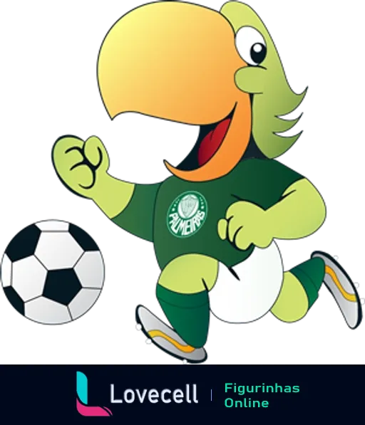 Mascote do Palmeiras, periquito verde vestido com uniforme, driblando bola de futebol com expressão animada