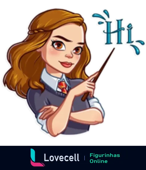 Figurinha de saudação com personagem estilo Hermione Granger segurando uma varinha e texto 'Hi', vestida com uniforme de Hogwarts