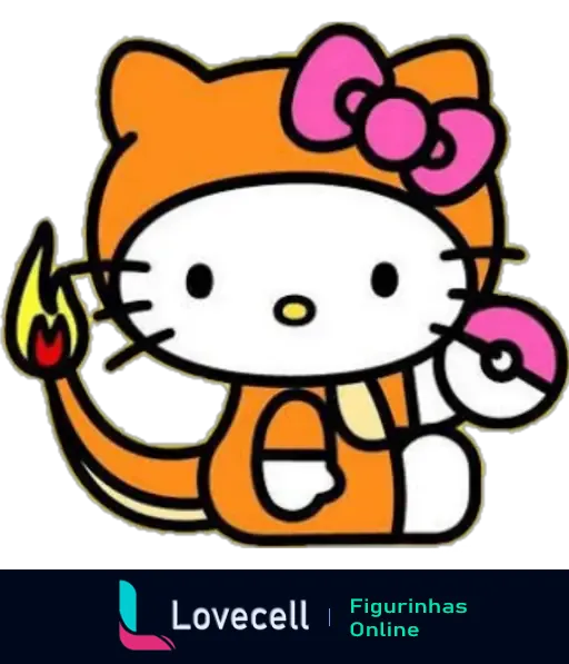 Figurinha da Hello Kitty usando uma fantasia de Charmander, segurando uma Pokébola. A fantasia tem uma cauda com uma chama.