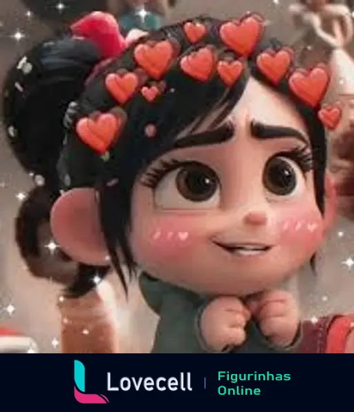 Figurinha de Vanellope, uma garota com cabelo preto e a saia verde, sorrindo com corações flutuando ao seu redor.