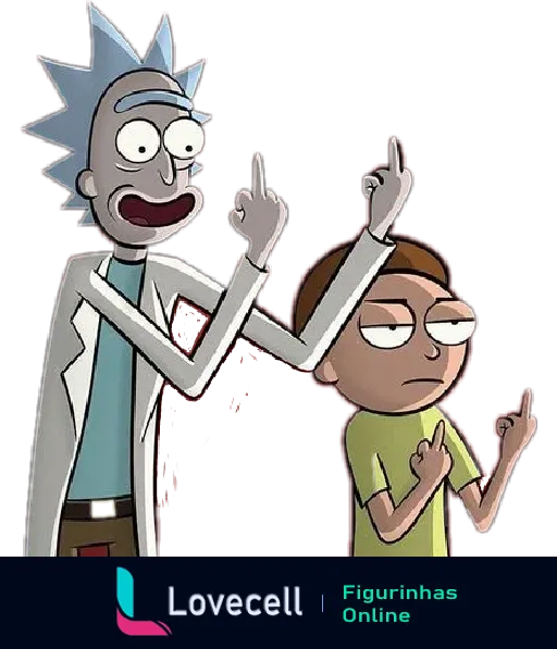 Rick e Morty, personagens do desenho animado, mostrando o dedo do meio em um gesto ofensivo, expressando descontentamento.