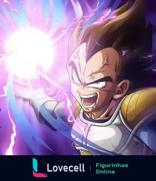 Imagem de Super Vegeta soltando uma poderosa explosão de energia com raios ao seu redor, expressando grande determinação e poder.