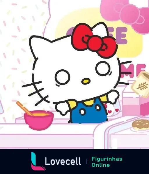 Hello Kitty, do grupo Kuromi e Hello Kitty, está em uma cozinha com um avental azul e uma tigela laranja, aparentemente preparando uma refeição.