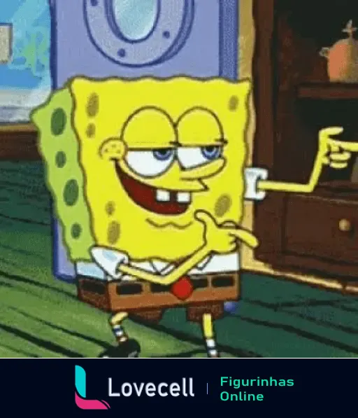 GIF divertido do Bob Esponja em seu habitat habitual piscando e apontando com confiança e um sorriso malicioso.