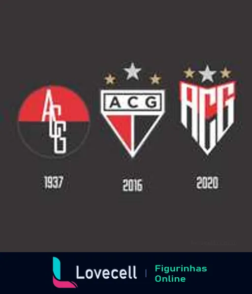 Figurinha mostrando a evolução do logo do Atlético Goianiense com três versões de 1937, 2016 e 2020, refletindo a herança e modernização do clube