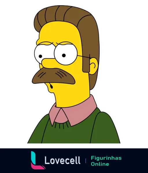 Figurinha do Ned Flanders com bigode e cabelo castanho, vestindo camiseta verde e cardigã rosa, com expressão séria, da série Os Simpsons