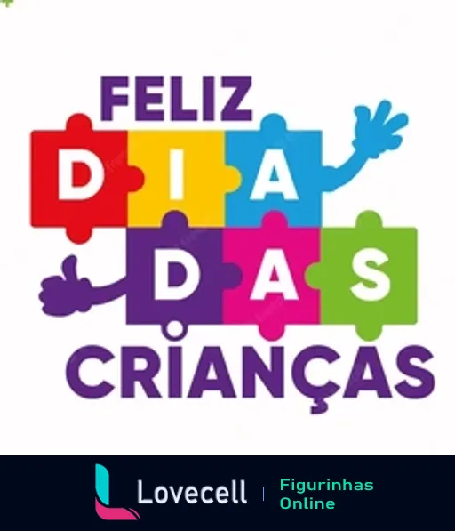 Figura colorida composta por peças de quebra-cabeça, cada uma com uma letra da frase 'Feliz Dia das Crianças' e silhuetas de crianças sorridentes e acenando em cada peça