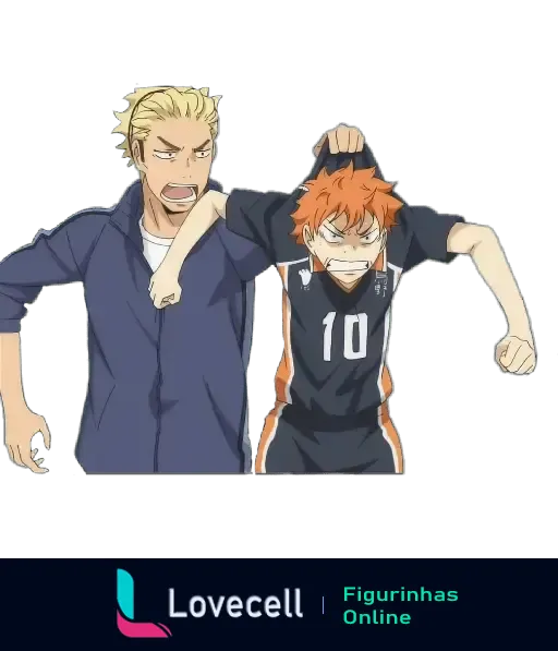 Cena cômica da animação Haikyuu com dois personagens, um com cabelo loiro puxando o outro, com cabelo ruivo e expressão irritada.