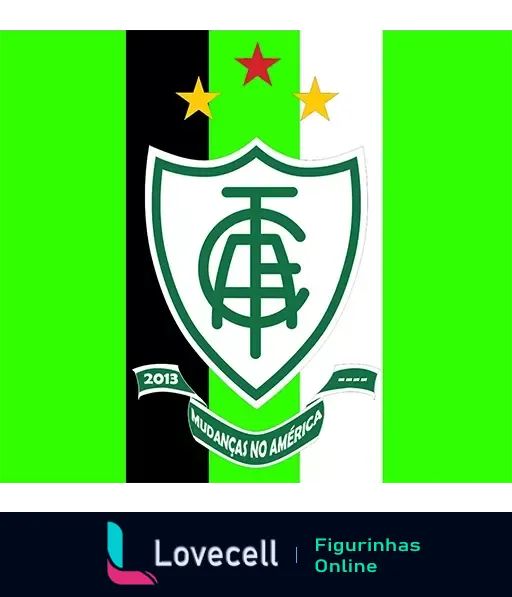 Escudo do América MG com símbolo verde e branco, duas estrelas douradas e faixa 'Mudanças no América' 2013