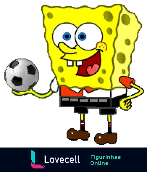 Bob Esponja animado jogando futebol, segurando a bola com uma mão e sorrindo, vestido com camisa branca e gravata vermelha