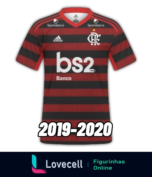 Figurinha da camisa do Flamengo 2019-2020, com cores vermelha e preta, patrocinada pela Adidas e BS2, e logo da Sportsbet.io, escudo do clube no lado esquerdo do peito