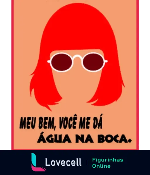 Silhueta estilizada da cantora Rita Lee com cabelos ruivos e óculos brancos sobre fundo coral, com a frase 'Meu bem, você me dá água na boca' em letras brancas