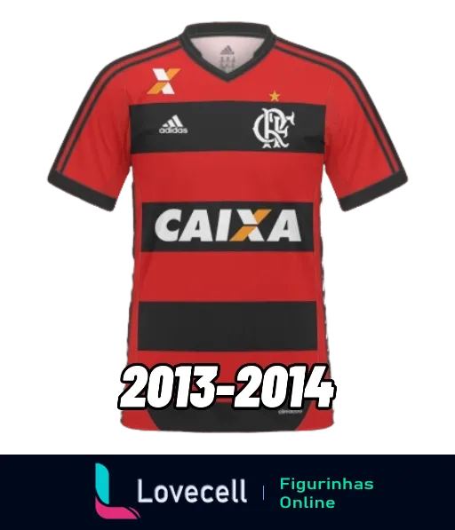 Figurinha da camisa do Flamengo temporada 2013-2014, vermelha e preta com patrocínio da CAIXA e logo da Adidas, escudo à esquerda no peito