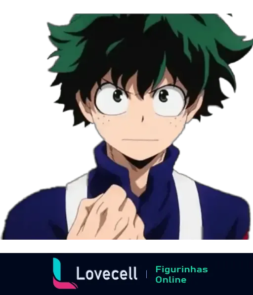 Izuku Midoriya do anime Boku No Hero Academia com expressão determinada e punho cerrado, pronto para ação.