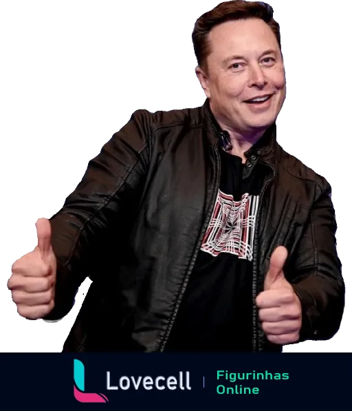 Elon Musk sorrindo e fazendo gesto positivo com as mãos, vestindo jaqueta de couro preta e camisa estampada, fundo escuro