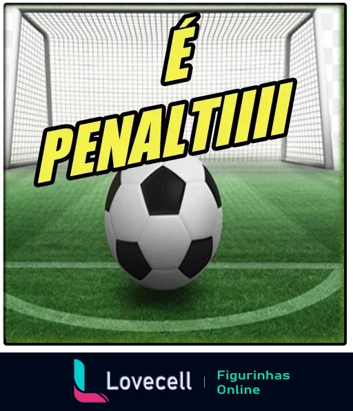 Figurinha de WhatsApp mostrando uma bola de futebol na marca do pênalti com fundo de goleira e o texto 'É PENALTI!!!' em amarelo