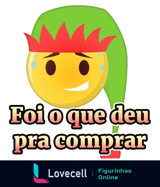 Emoji sorridente com cabelos verdes e coroa de folhas vermelhas, lágrimas de riso, texto 'Foi o que deu pra comprar' em tom de brincadeira sobre decoração natalina simples