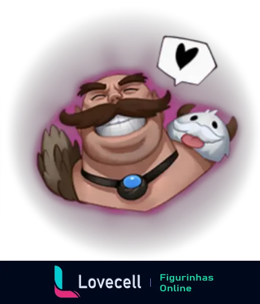 Emote de League of Legends mostrando um personagem barbudo e sorridente com um Poro ao lado, expressando amor com um balão de coração preto.