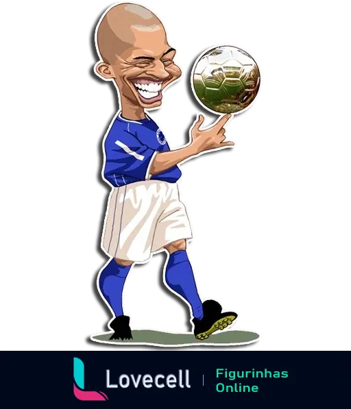 Caricatura de um jogador do Cruzeiro com uniforme azul e branco, sorrindo e segurando uma bola de futebol dourada.