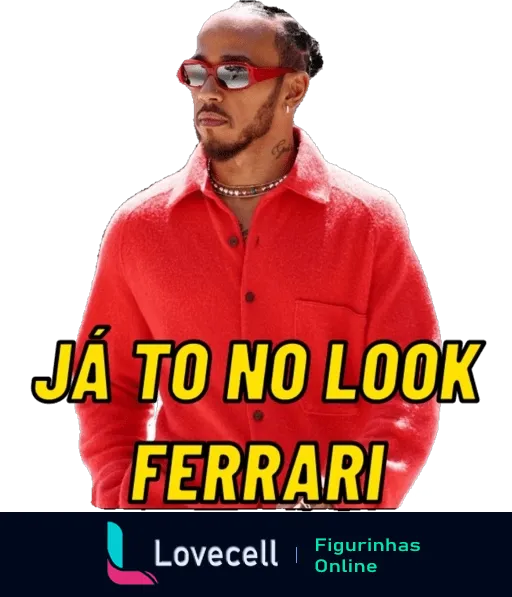 Homem com jaqueta e óculos escuros vermelhos, expressão séria, estilo moderno, texto 'Já to no look Ferrari'