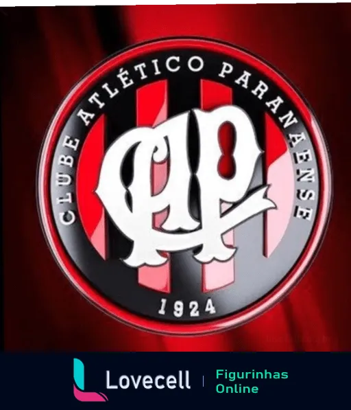 Figurinha do escudo do Clube Atlético Paranaense com fundo preto, detalhes em vermelho e branco, iniciais 'CAP' e círculo emoldurando o nome completo do clube e o ano de fundação 1924