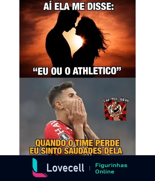 Figurinha de dilema amoroso envolvendo futebol com casal se beijando ao pôr do sol e texto 'Aí ela me disse: Eu ou o Atlético?' no topo, e jogador do Atlético-PR reagindo com 'Quando o time perde eu sinto saudades dela' na parte inferior