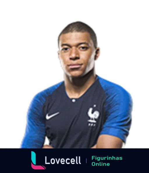 Kylian Mbappé com uniforme azul da França, expressão séria e focada antes de um jogo