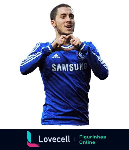 Jogador do Chelsea comemorando com gesto de coração, vestindo uniforme azul com logo da Samsung e listras da Adidas