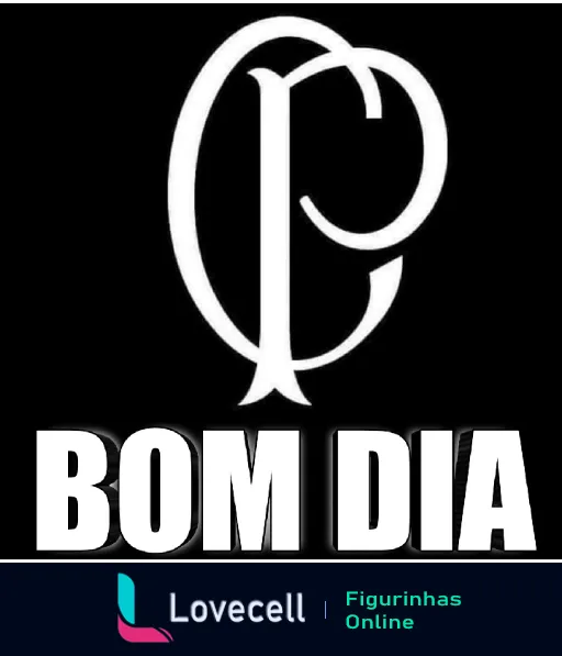 Figurinha de WhatsApp dizendo BOM DIA com logotipo elegante em preto e branco, letras entrelaçadas 'C' e 'P' formando um círculo