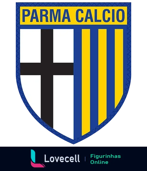 Emblema do Parma Calcio com cruz preta e listras amarelas e azuis. Ideal para fãs de times de futebol italianos.