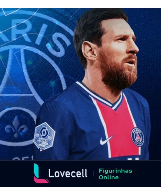 Messi concentrado usando uniforme do Paris Saint-Germain durante jogo, com logo do PSG ao fundo