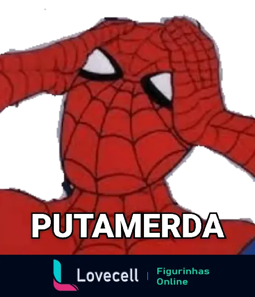 Figurinha do Homem Aranha com mãos na cabeça demonstrando surpresa e estresse. Texto 'PUTAMERDA' expressa reação forte a algo inesperado.