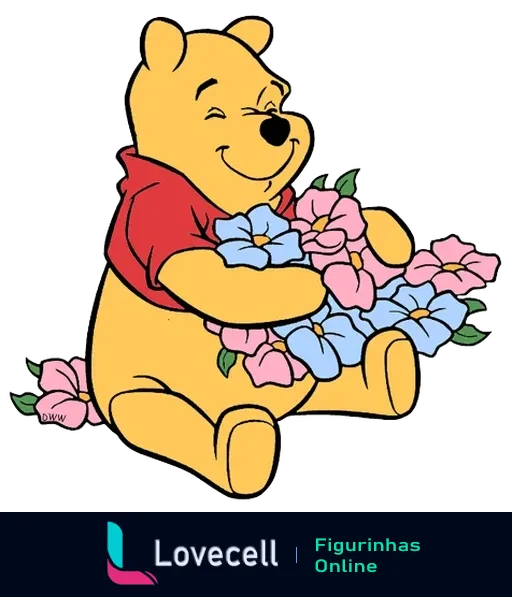 Figurinha do Ursinho Pooh segurando flores coloridas, com expressão feliz e camiseta vermelha, representando alegria e amizade.