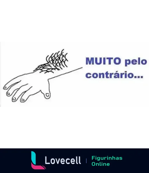 Figurinha mostrando mão com pelos crescentes em direção inesperada e a frase 'MUITO pelo contrário', para expressar oposição de forma humorística